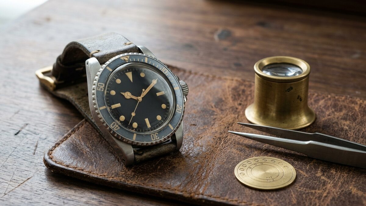 Vintage Rolex Submariner with magnifier on a collector's desk