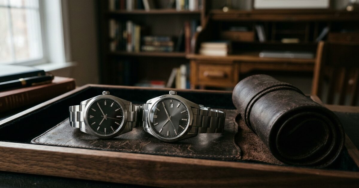 Two watches side by side on a collector's tray